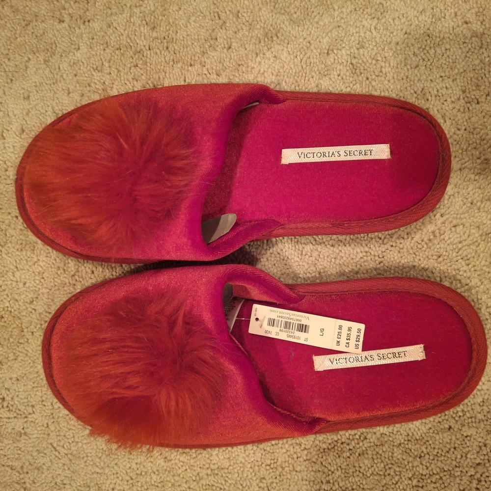 Victoria's Secret Red Plush Slippers with Fuzzy Accents